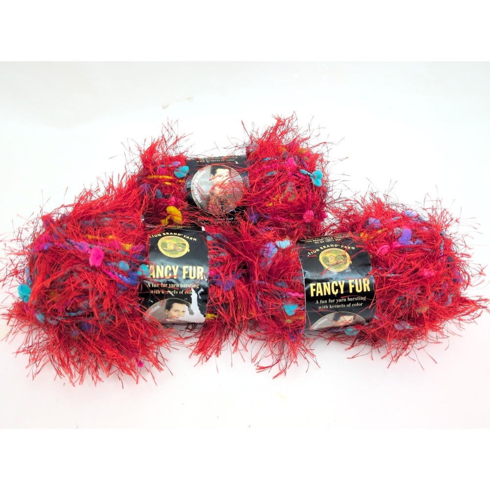 Lot of 3 Skeins Lion Brand Yarn Fancy Fur Rainbow Red